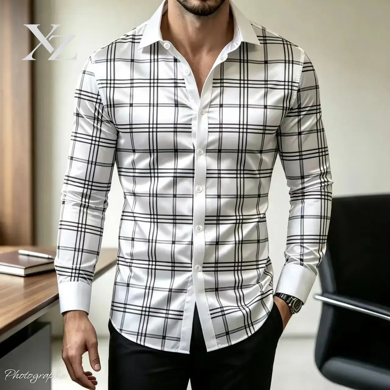 Mens Satin Silk Dress Shirt - Chemise habillée à carreaux pour homme,
