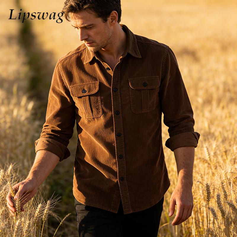 Corduroy Button Up Shirt Men - Vintage couleur unie velours côtelé chemise