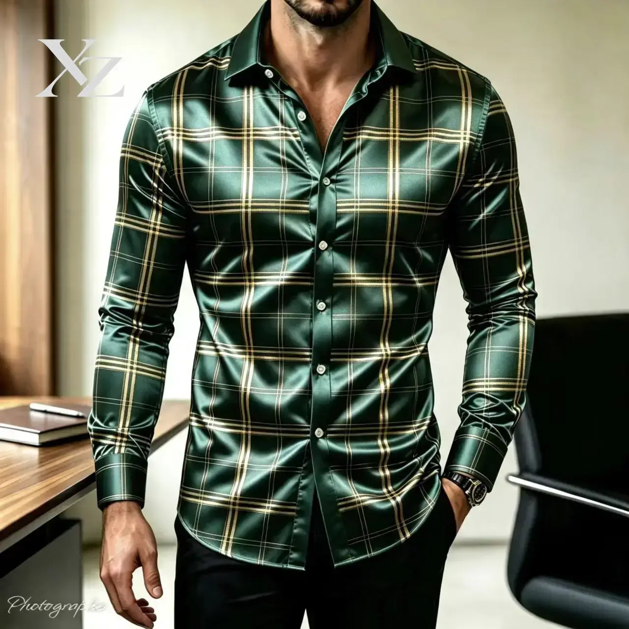 Chemise habillée à carreaux po - Mens Satin Silk Dress Shirt avis et prix