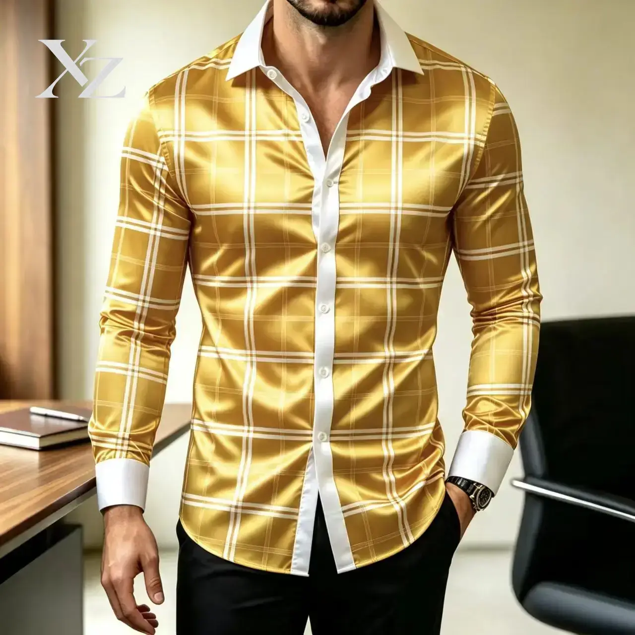 Chemise habillée à carreaux po - Mens Satin Silk Dress Shirt avis et prix